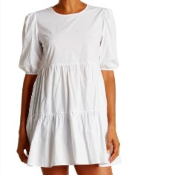 BNWT Know One Cares Cotton Poplin Short Sleeve Tiered Mini in snow white (M) - Picture 1 of 8